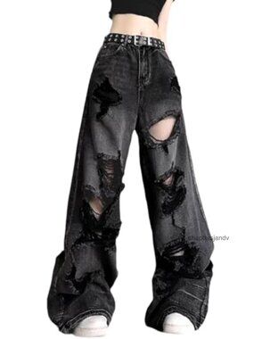 Ripped Straight Leg High Waisted Baggy Jeans Denim Pants